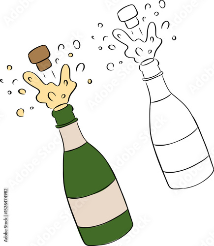 Champagne bottle explosion. Cheers. Celebration. Holiday toast. isolated on transparent background. Vector graphic line ink illustration. for package, holiday design, fabric and textile.