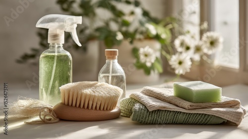 Natural Cleaning Products And Eco-Friendly Bath Accessories In Sunlit Room. Promoting Sustainable Living And Green Home Practices