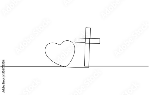 Christian church symbol in continuous line drawing style. Line art of a heart with Christian cross.One Continuous line drawing cross of christ and heart. Vector illustration. EPS 10.