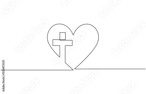 Christian church symbol in continuous line drawing style. Line art of a heart with Christian cross.One Continuous line drawing cross of christ and heart. Vector illustration. EPS 10.