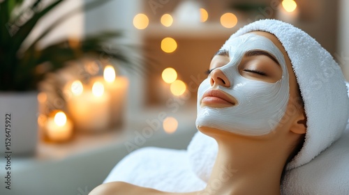 Woman relaxing with facial mask, towel on head, soft lighting background