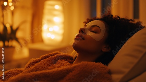Woman relaxing with eye mask in warm, cozy, softly lit room at twilight