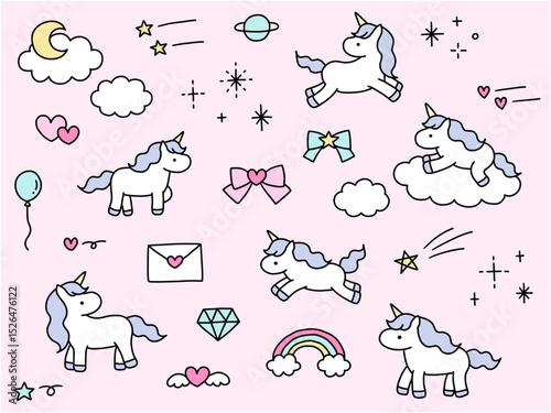 かわいい手書きのユニコーンのベクターイラストセット。馬、リボン、ハート、落書き、ゆめかわ