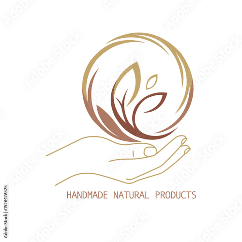 Elegant logo for handmade natural products, featuring a hand holding a circular design with organic leaves, symbolizing care and well-being.