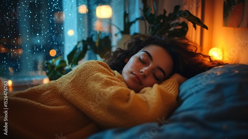Woman sleeping peacefully during a rainy night, cozy lights, houseplants backdrop