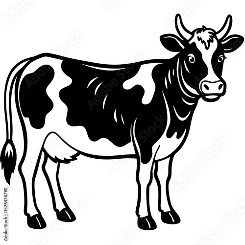 Black and white cartoon cow bull and calf on a farm illustration