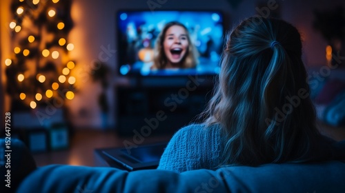 Woman watching video chat with a laughing child, warm holiday ambiance