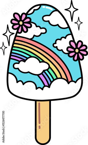 Retro Groovy Rainbow and Cloud Popsicle Illustration
