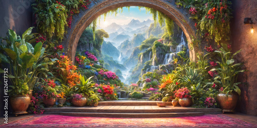 Enchanting Garden Archway with Waterfall View