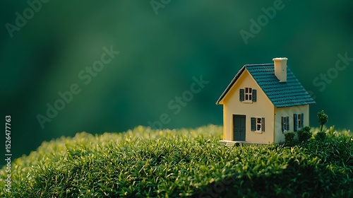 A miniature house with a green roof and yellow walls sits on a hill of green mossy grass