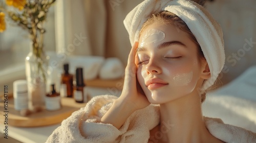 Woman with face mask, eyes closed, towel on head, next to skincare bottles