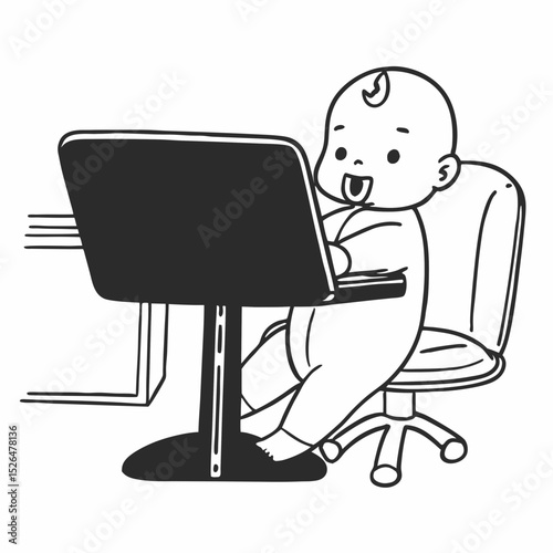 Vector cute Baby working laptop