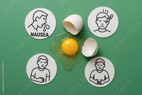 Egg recall concept. Nausea symptoms illustrated with an egg on a green background.