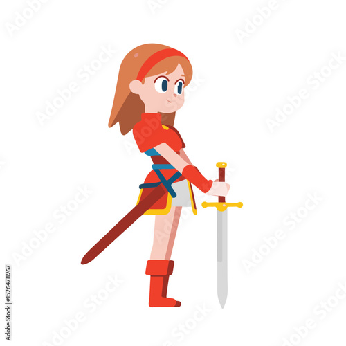 Cartoon warrior girl with sword, simplified style character art