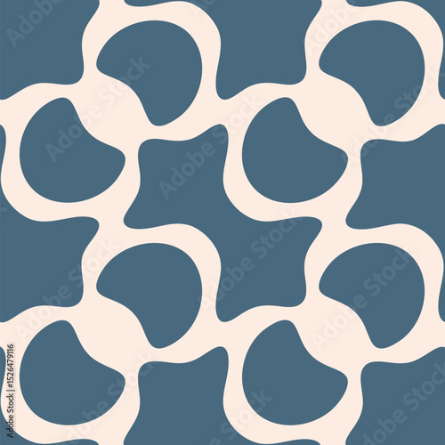 Abstract vector geometric seamless pattern. Stylish blue and beige background with smooth quirky shapes. Retro vintage style ornament texture. Repeating design for decor, print, wallpapers, textile