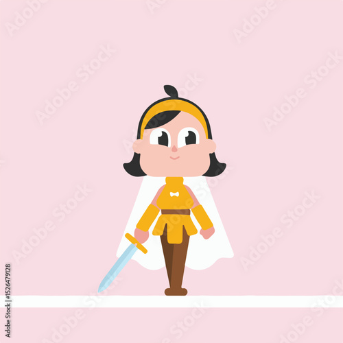 Cartoon Girl Warrior with Sword and Cape on Pink Background