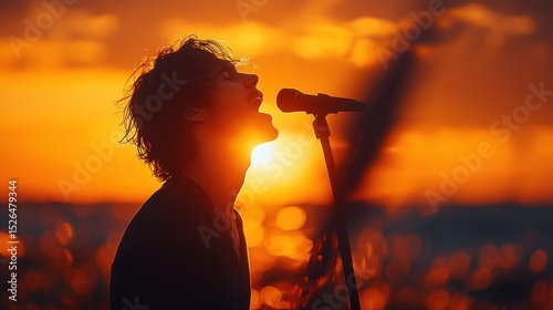 Man singing at sunset on stage with ocean backdrop