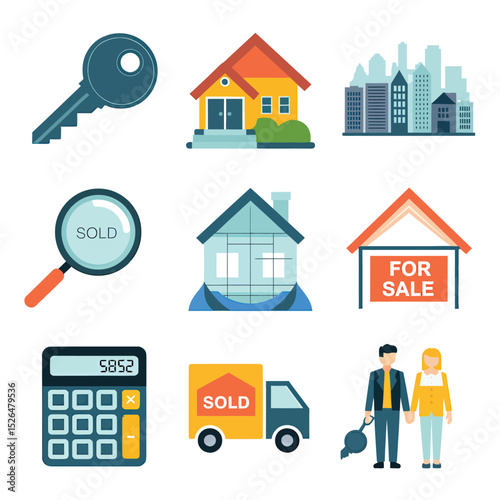 vector icons real estate business house key, symbolizing ownership new home House Sold Sign icon "Sold" sign in front, representing successful real estate 
