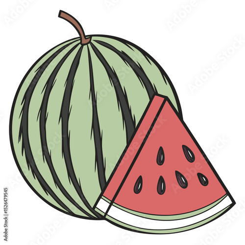 Stylized Watermelon and Slice with Seeds Illustration on Transparent Background