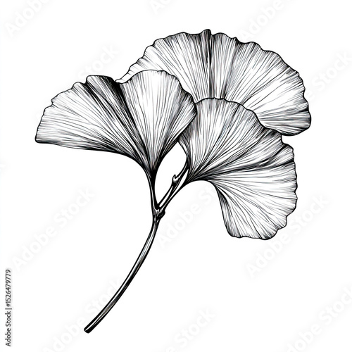 An artistic, detailed drawing in monochrome illustrates a sprig with three Ginkgo biloba leaves, showcasing their unique fan shape and intricate vein patterns against a white background