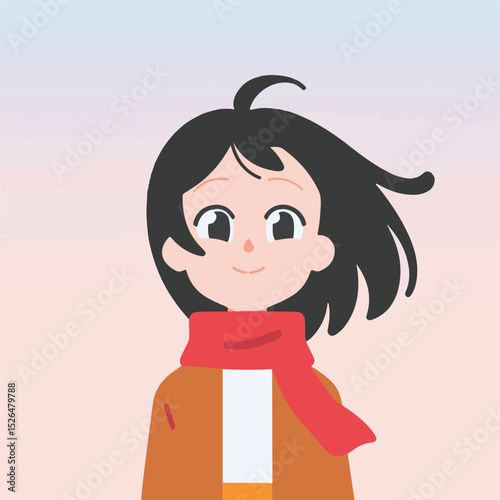 Smiling girl wearing red scarf, cute cartoon character illustration