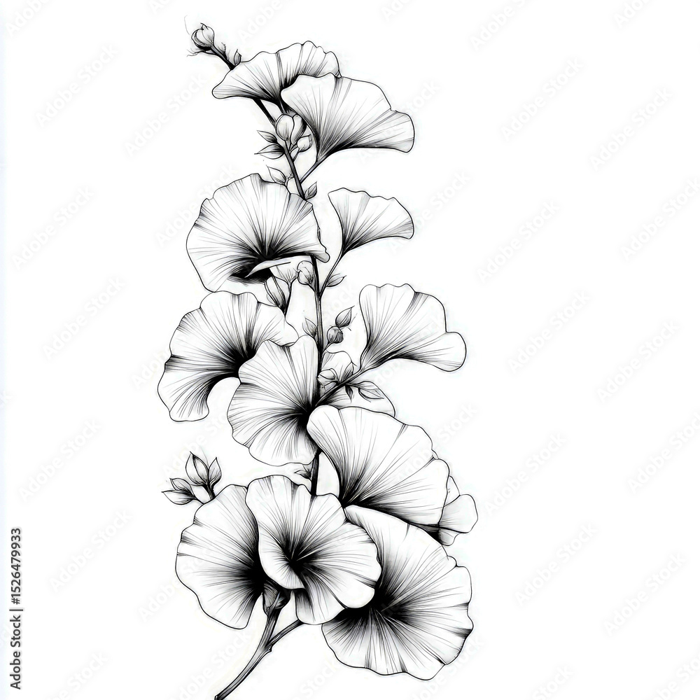 Fototapeta premium This black and white botanical artwork depicts a branch of the Ginkgo Biloba tree. Multiple leaves and buds are showcased in a detailed, finely drawn illustration