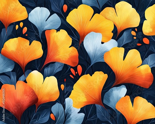  golden and orange ginkgo biloba leaves mixed with muted blue-grey foliage, all set against a deep navy backdrop with small, orange accents