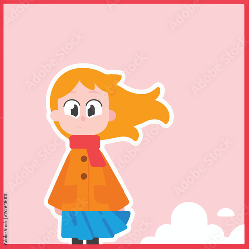 Girl with orange hair, winter coat, and windblown hair.