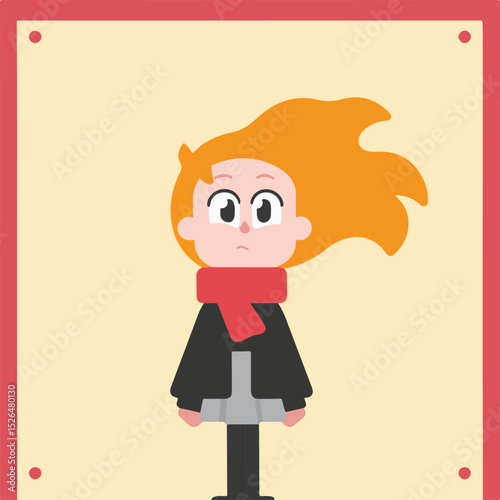 Cute cartoon girl with red hair and scarf illustration.