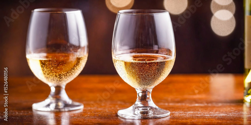 Two Glasses of Sparkling White Wine on Wooden Table