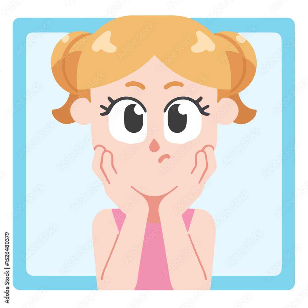 Obraz premium Cartoon Girl Resting Chin on Hands, Happy Expression