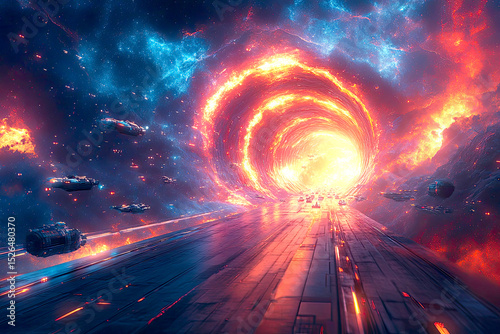 Several spaceships navigate a sci-fi tunnel into the bright future. Red and blue nebula surround the wormhole as they travel across this futuristic landscape