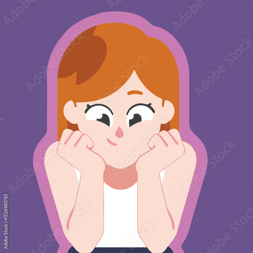 Cheerful Girl with Hands on Chin, Cartoon Illustration