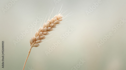single ear of wheat against clean background illuminated by soft light