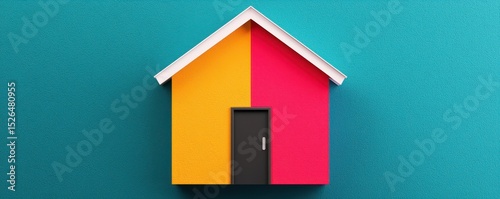 A small paper house split into two colors, yellow and red, with a black door, placed against a teal textured background.