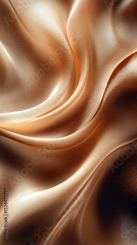 Golden silk fabric is draped and folded, creating a flowing texture with soft, smooth curves and subtle highlights. The light reflects beautifully, enhancing the depth and richness of the material