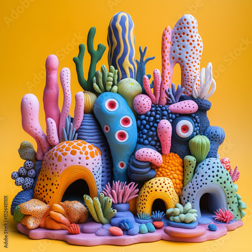 A colorful sculpture of a coral reef with many different types of plants and animals. The colors are bright and vibrant, creating a lively and energetic mood. The sculpture is made of clay
