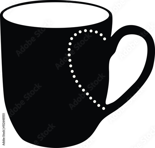 black and white coffee cup, black mug with heart shaped dots decor isolated on transparent background