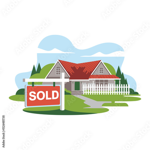 vector icons real estate business house key, symbolizing ownership new home House Sold Sign icon "Sold" sign in front, representing successful real estate 
