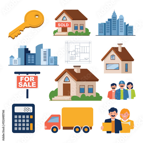 vector icons real estate business house key, symbolizing ownership new home House Sold Sign icon "Sold" sign in front, representing successful real estate 
