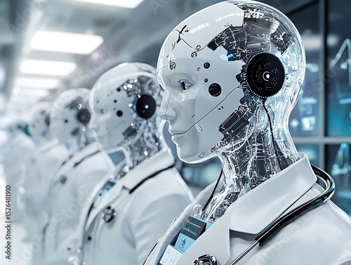 Row of humanoid robots wearing doctor coats and stethoscopes in a futuristic medical setting