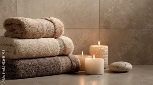 Stack Of Soft Towels With Lit Candles In Spa Setting. Relaxation And Tranquility Atmosphere