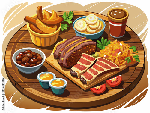 vector of A delicious barbecue plate with juicy ribs, cornbread, baked beans and coleslaw, served on a rustic wooden board for a hearty and satisfying meal.