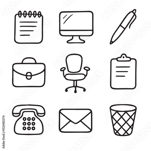 Office Supply Doodle Icons: Business, Work, and Communication