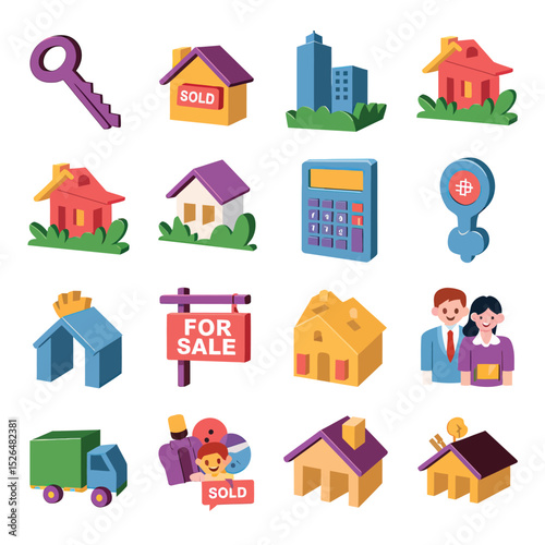 vector icons real estate business house key, symbolizing ownership new home House Sold Sign icon "Sold" sign in front, representing successful real estate 
