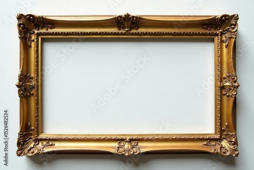 Aged golden oblong frame cutout, thin profile, weathered details, empty, decoration