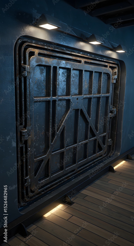 Fototapeta premium Metal Doorway with Grate in Dark Room