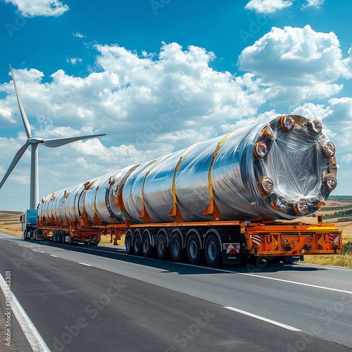A long semi truck is carrying a large piece of equipment. The truck is on a road with a blue sky in the background