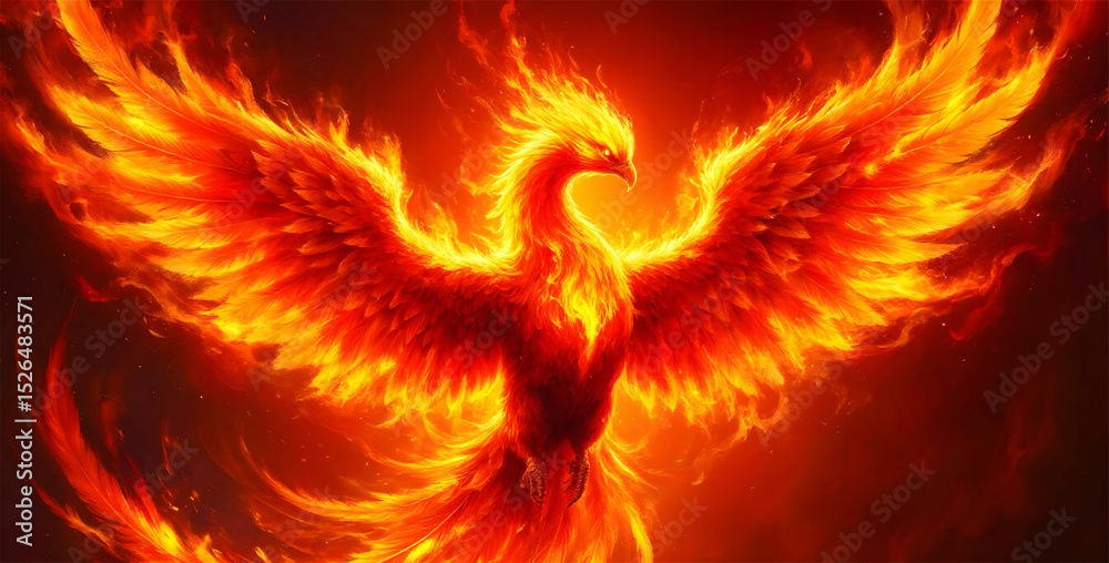 Fototapeta premium Blazing Phoenix with Fiery Wings Spread Wide. A digital masterpiece of a phoenix wrapped in eternal flames, glowing in shades of orange, red, and gold.
