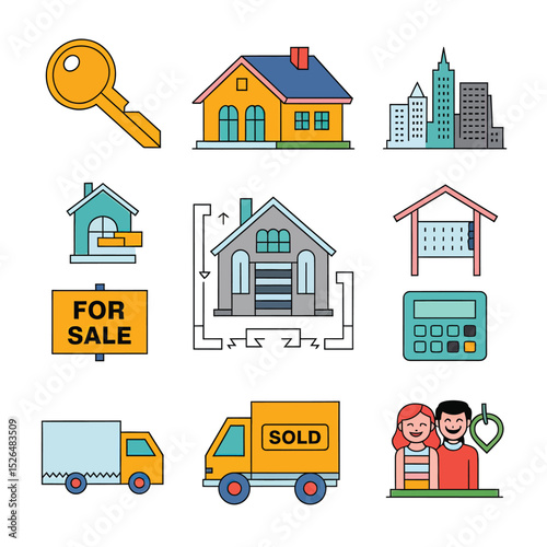 vector icons real estate business house key, symbolizing ownership new home House Sold Sign icon "Sold" sign in front, representing successful real estate 
